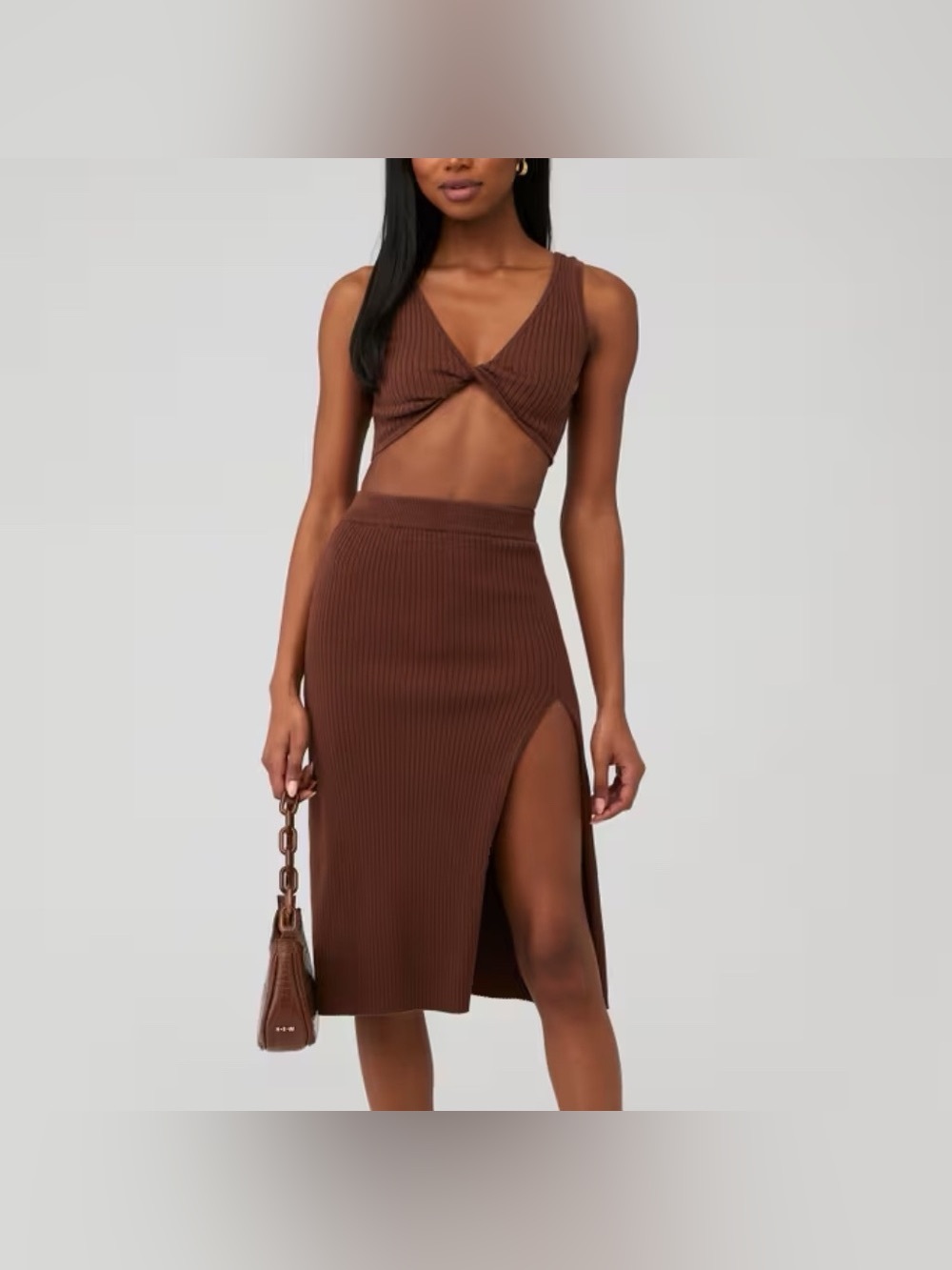 Revolve Line & Dot Chocolate Brown Ribbed Midi Skirt with Side Slit XS